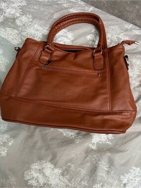 Chic Cognac Brown Faux Leather Satchel Bag | Multi-Zipper Top Handle Purse